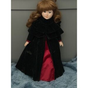 Anco 15 inch Porcelain Doll Long Curly Auburn Hair Green Velvet Coat Red Dress